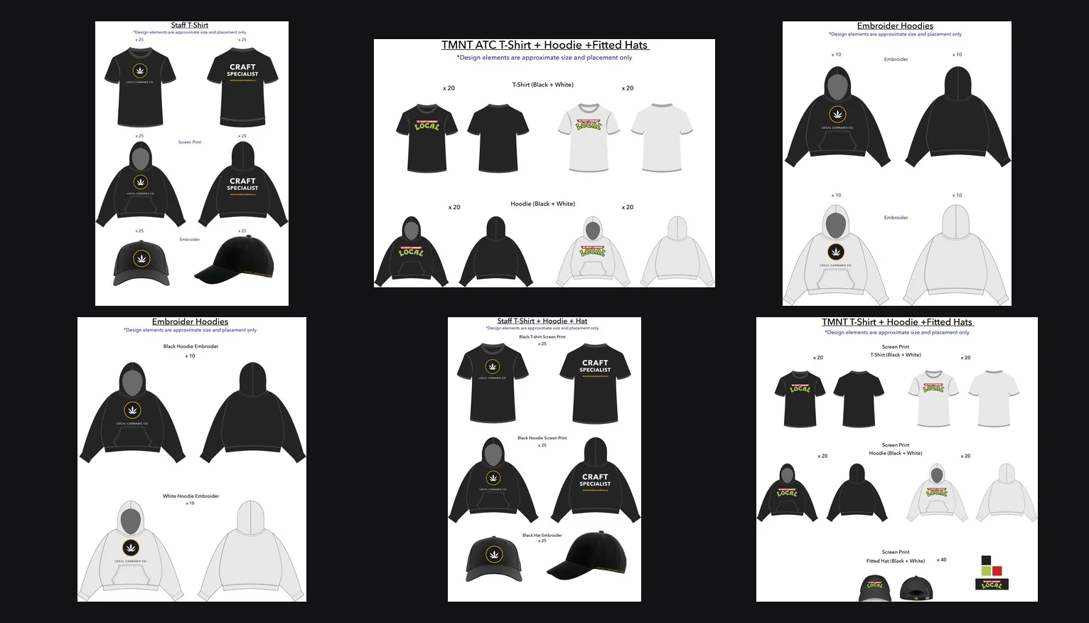 Eight apparel designs: hoodies, t-shirts and caps, each supplied as a print-ready artboard with placement marked.
