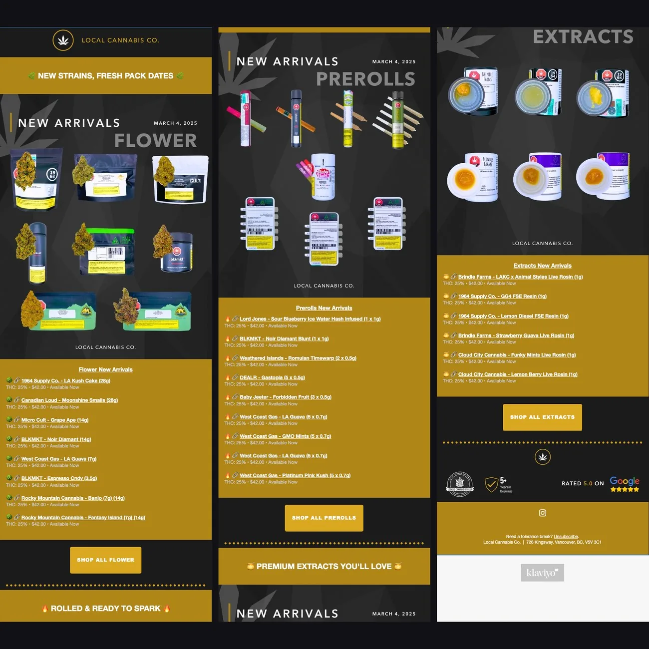 A weekly new-arrivals email shown as three columns: flower, pre-rolls and extracts.