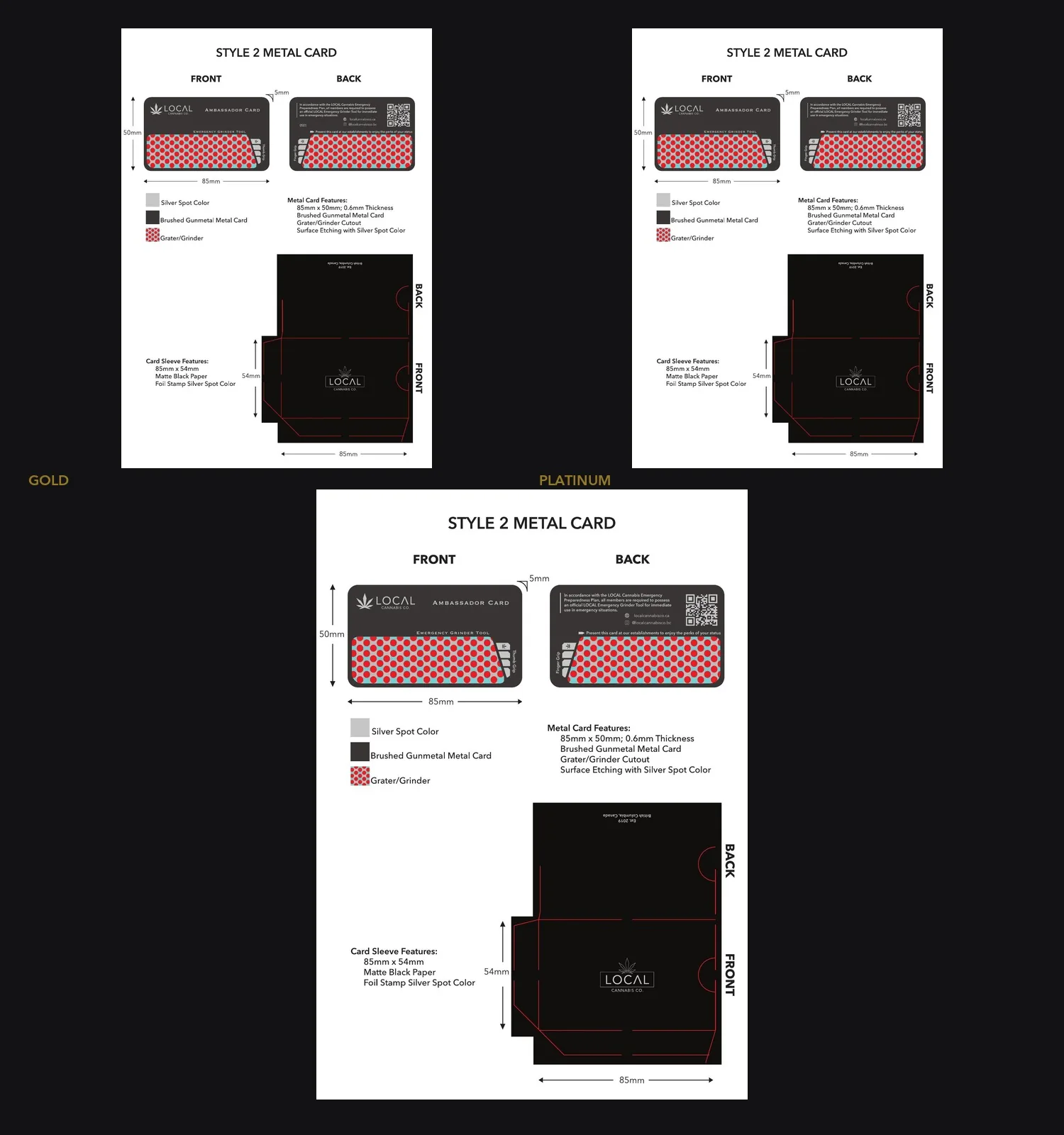 Gold and platinum finishes of a metal ambassador card, above the manufacturer spec sheet with dimensions, materials, an etched grinder cutout and a sleeve die-line.