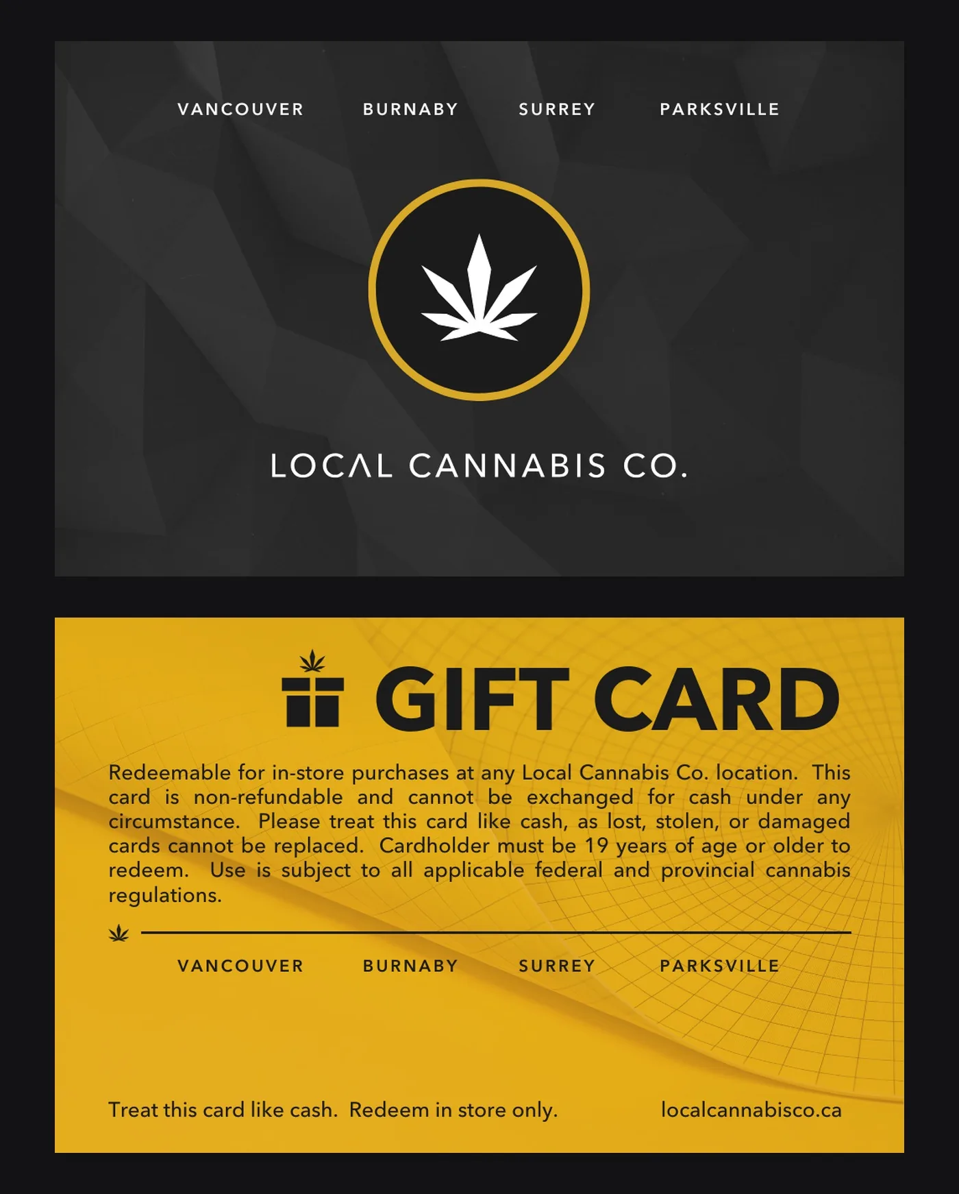 Front and back of the customer gift card at credit-card size, with terms set on the reverse.
