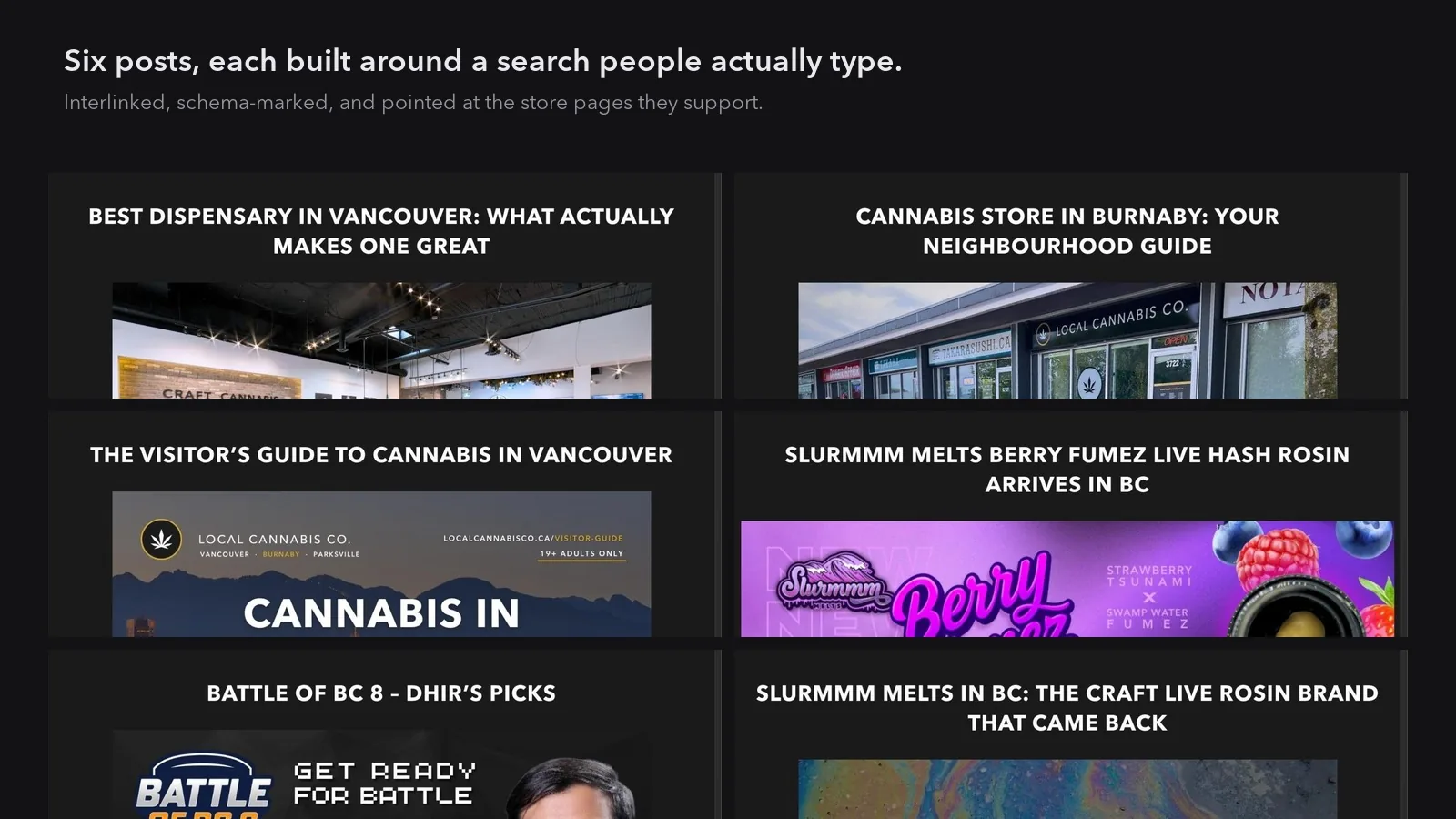 Six published blog posts, each built around a real search term, interlinked and pointed at the store pages they support.