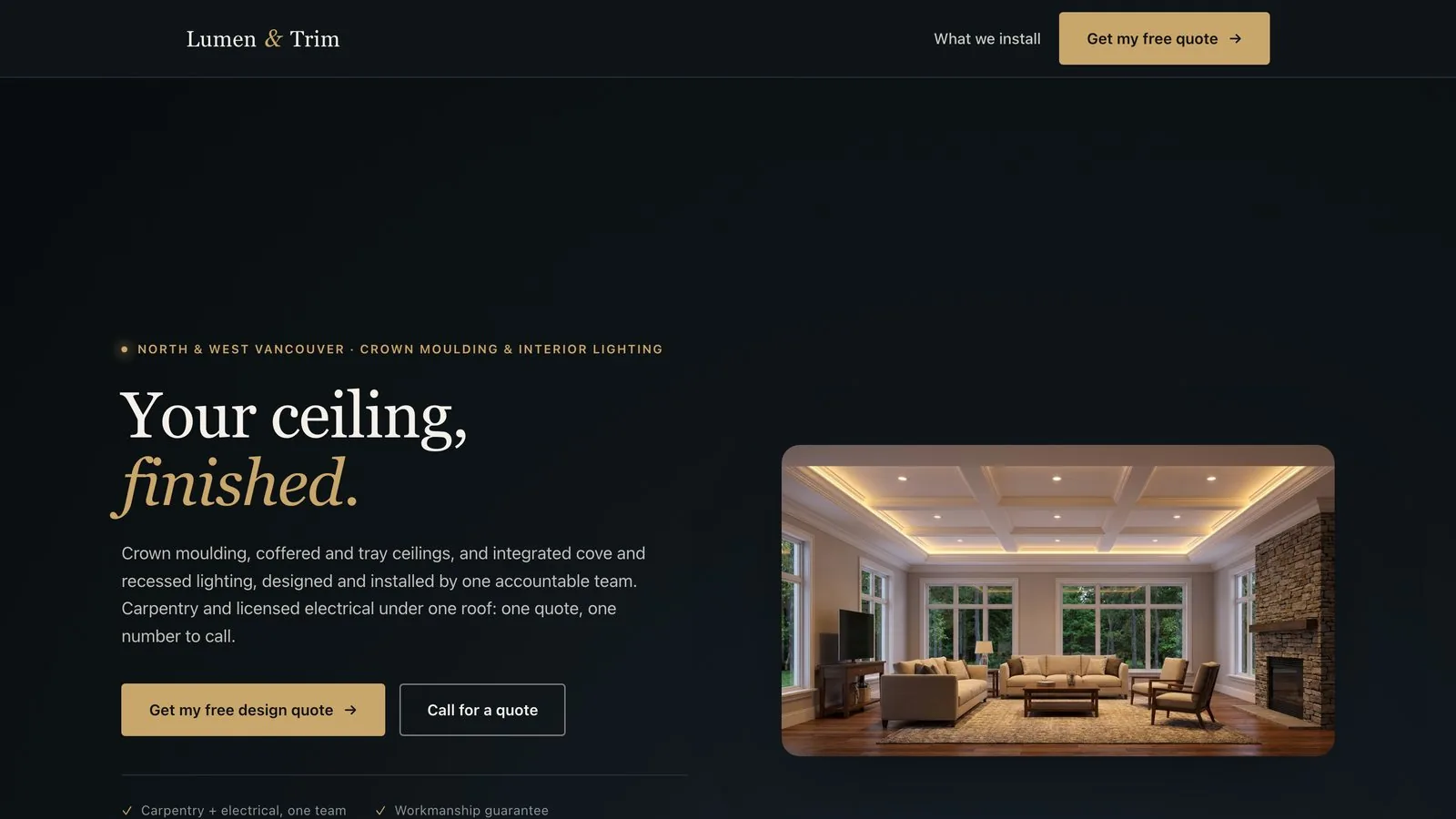 The Lumen and Trim home page: a dark navigation bar above a two-line serif headline reading “your ceiling, finished”, beside a photograph of a lit coffered ceiling.
