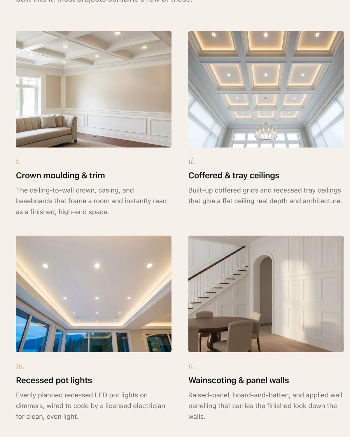 A services grid pairing photographs of crown moulding, coffered ceilings, recessed lighting and panelled walls with short explanations, numbered in italic roman numerals.