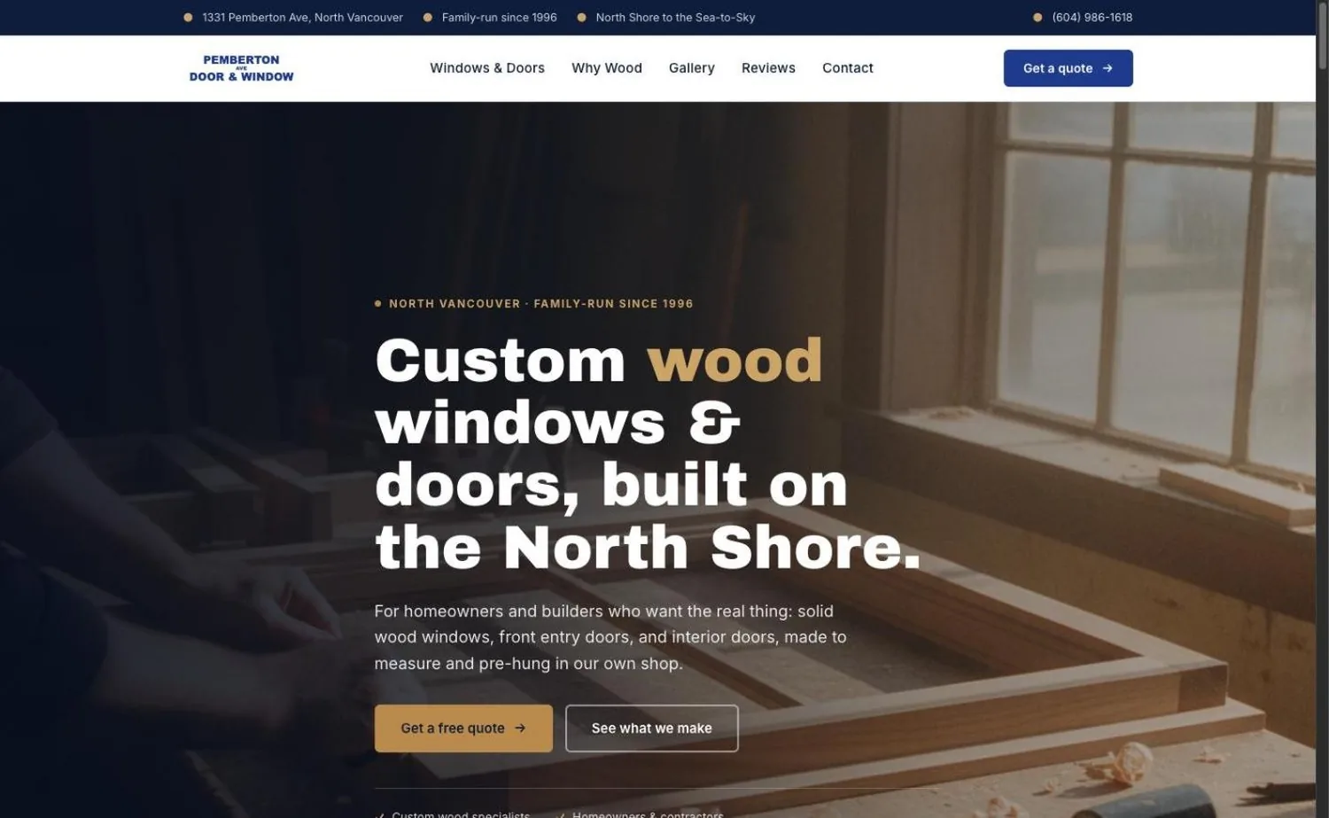 The Pemberton Ave Door & Window homepage: a workshop hero over the headline about custom wood windows and doors built on the North Shore, with a quote call to action and a phone number in the header.