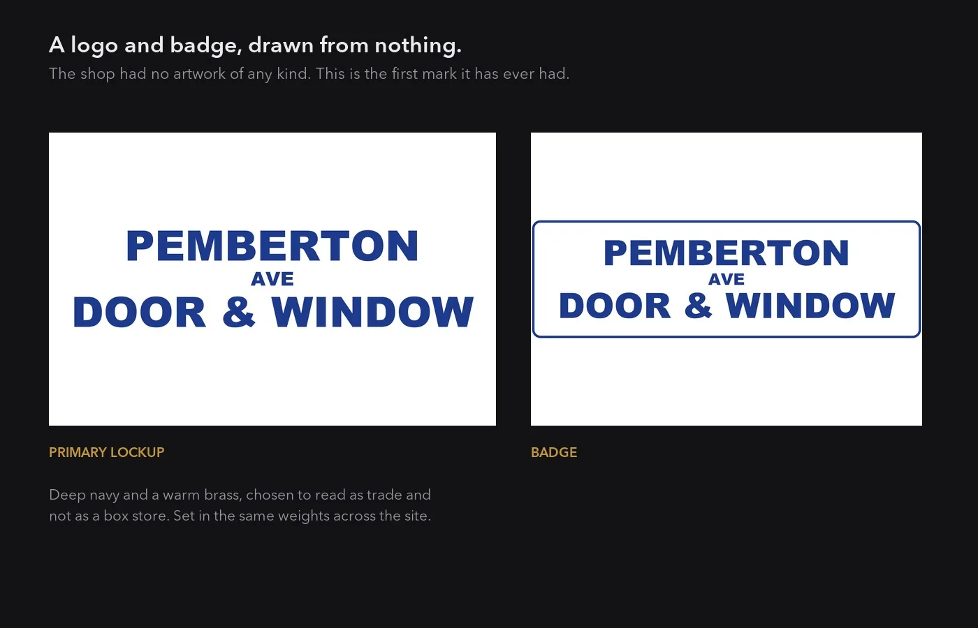 The primary lockup and badge for Pemberton Ave Door & Window, set in deep navy and warm brass.