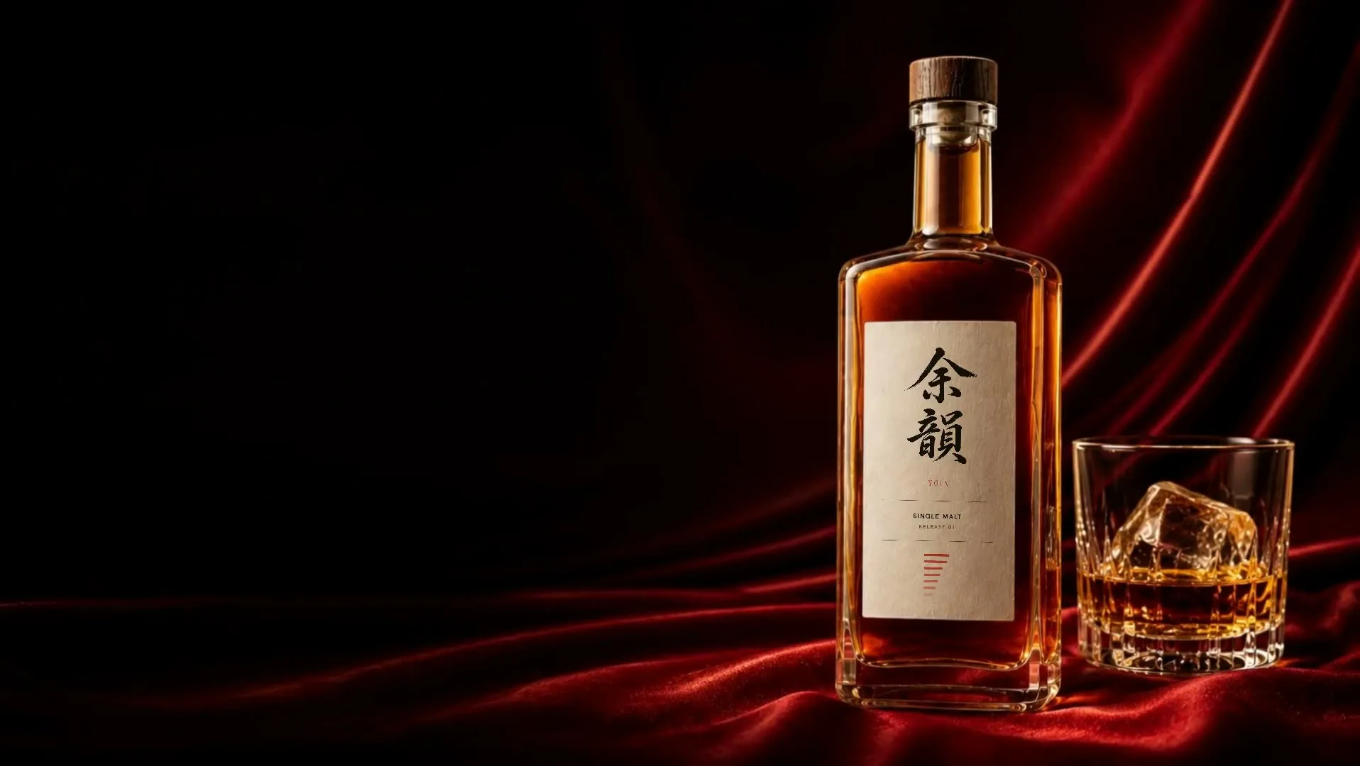 The bottle right of centre on red silk with a filled rocks glass beside it, the left half of the frame deliberately empty.